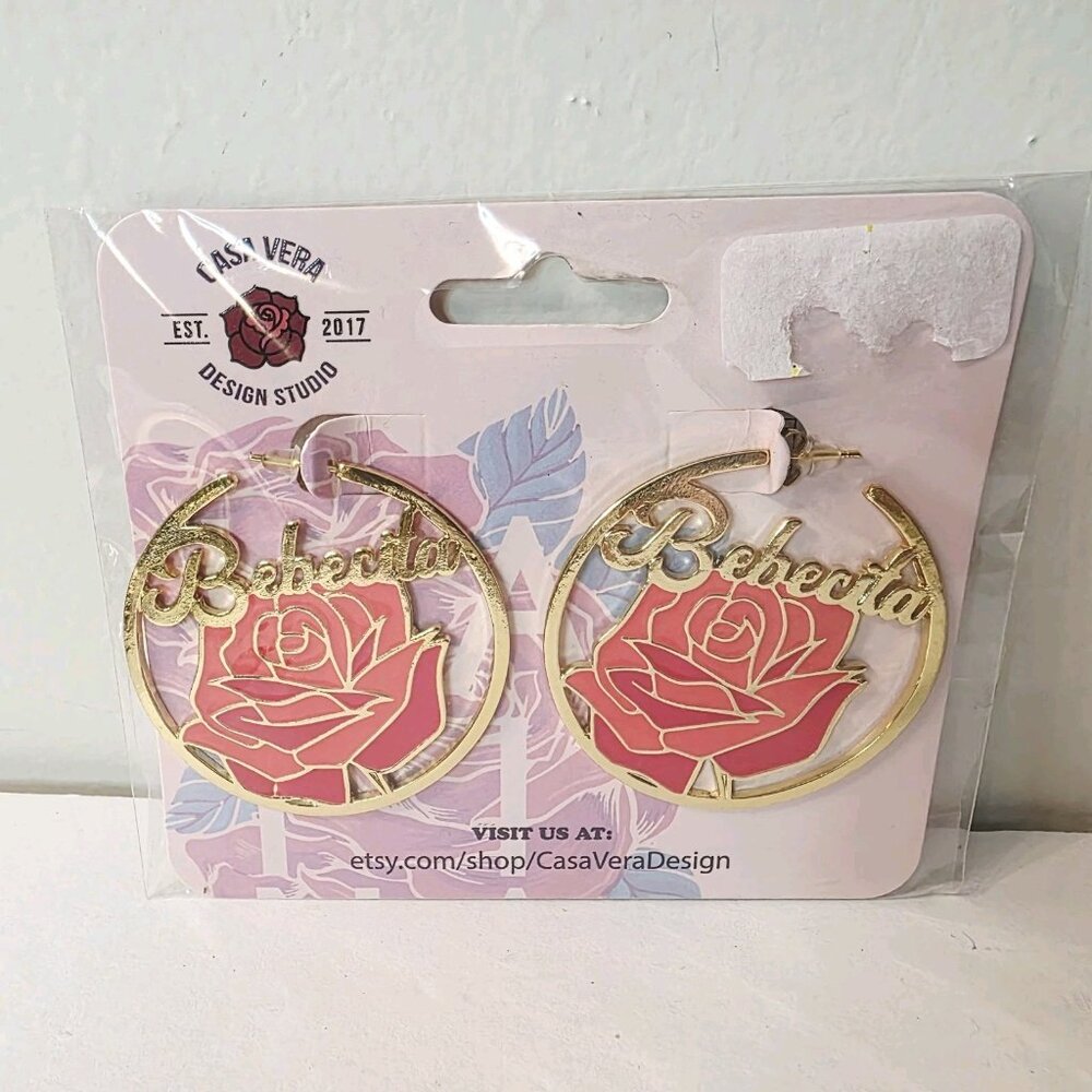 Casa Vera Design Spanish Bebecita Gold Tone Floral Rose Enamel Hoop Earrings